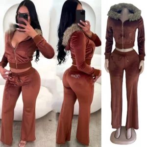 FAGADOER Autumn New Fashion Woman 2 Piece Set Outfit Fur Patchwork Zip Hoodie Crop Top and Pants Female Streetwear Clothing 2025