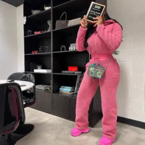 2025 Winter Warm Suit Zipper Solid Color Hooded Long-sleeved Sweatshirt Wool Trousers Zestawy Do Spodni Womens Suit Set 2 Pieces