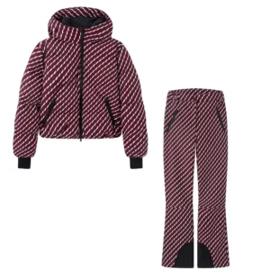 2026 New Women's Winter Hooded Zipper Burgundy Skiing Padded Parkas Coat 2 PCS Suits Set Lady Windproof Pants Trousers Tracksuit