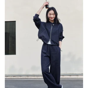VIMLY 2 Piece Pant Set Woman Casual Outfits Women's Pant Suit 2025 Blue Stand-up Collar Jacket and Trouser Female Clothing A0119