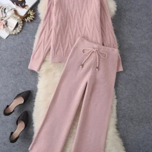 Fall Winter Knitted 2 Piece Sets Half Turtleneck Soft Sweater Outfit Casual Wide Leg Pant Suits Korean Solid Warm Tracksuit New