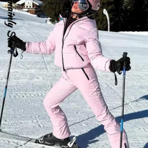 Pink Windproof Skiwear Pants 2 Pieces Sets Women Hooded Zipper Coats Pocket Wide Leg Pant 2025 Winter Lady Warm Tracksuit New