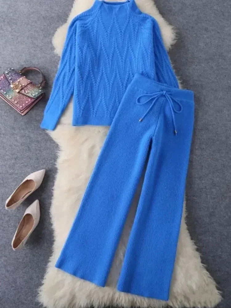 Fall Winter Knitted 2 Piece Sets Half Turtleneck Soft Sweater Outfit Casual Wide Leg Pant Suits Korean Solid Warm Tracksuit New - Image 2