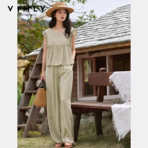 VIMLY Casual 2 Pieces Pant Set For Woman Outfit 2025 Summer Women's Suit Loose Fit Blouse Wide Leg Pants Female Clothing M9901