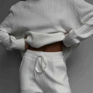REALEFT Autumn Winter 2 Pieces White Women's Sets Knitted Tracksuit Turtleneck Sweater and Straight Jogging Pant Suits 2023 New