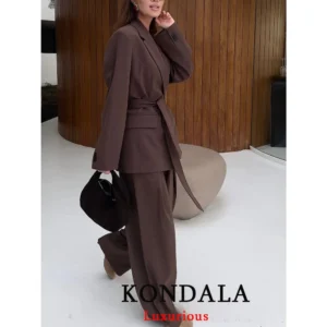 KONDALA Office Lady Casual Chic Solid Women Suit Single Button Sashes Loose Blazer Zipper Pants Fashion 2025 Autumn Winter Sets