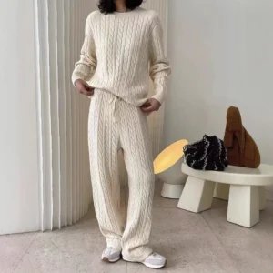 Knitted Sweater Wide-leg Pants Sets Women Autumn Winter Warm O Neck Casual Pullover Braided Twist Strecth Womens Two Peice Sets