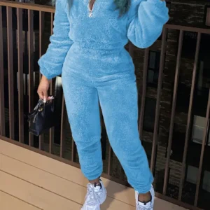 Winter New Plush Two Piece Set Casual Home Warm Suit For Women Fashion Zipper Lapel Pullover Top Elastic Waist Trousers Suit